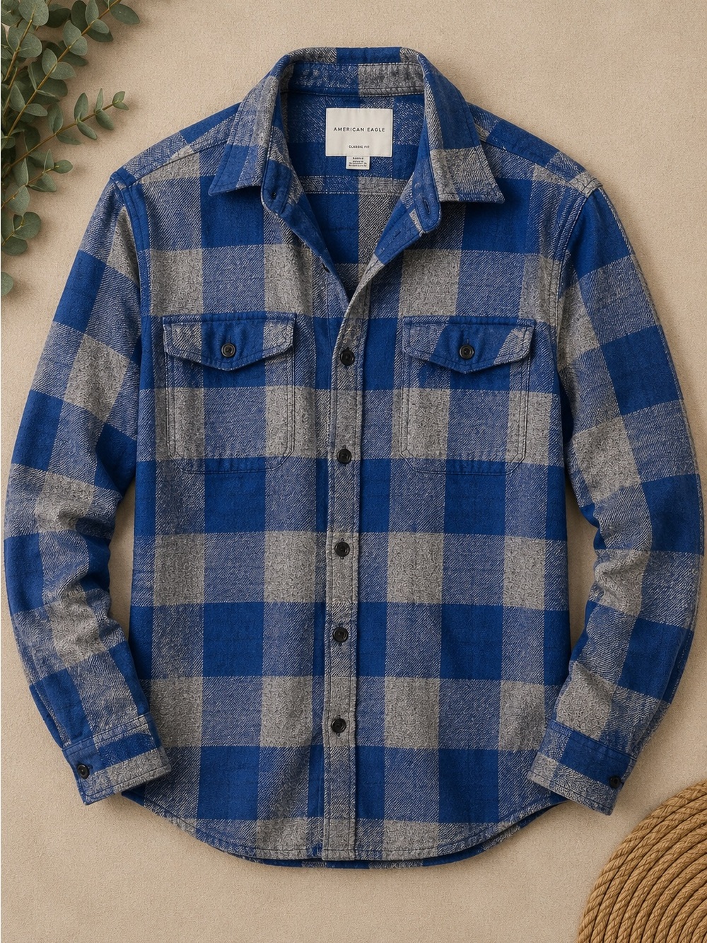 American Eagle Blue Gray Buffalo Plaid Flannel Button Up Shirt Men’s Medium